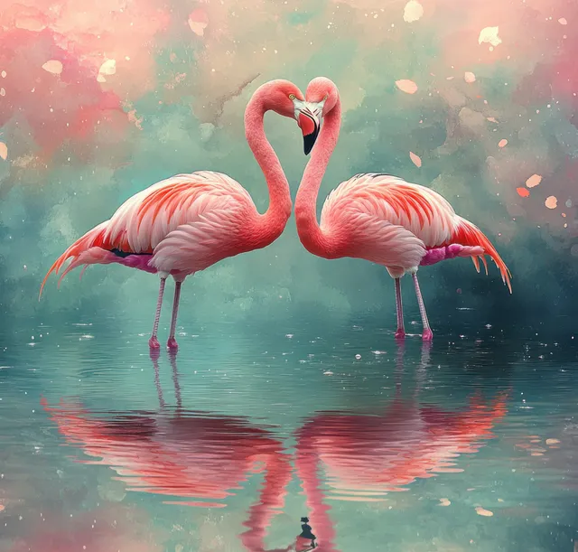 Two pink flamingos stand in pastel water, facing each other as soft ripples reflect their shapes.