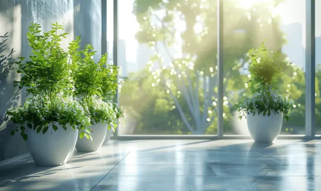 Sunlit office lobby with green plants in white pots beside large windows and a blurred city view.