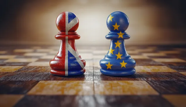 UK and EU flag-themed king-style pawns are positioned on a wooden chessboard, symbolizing Brexit negotiations and strategic diplomacy.