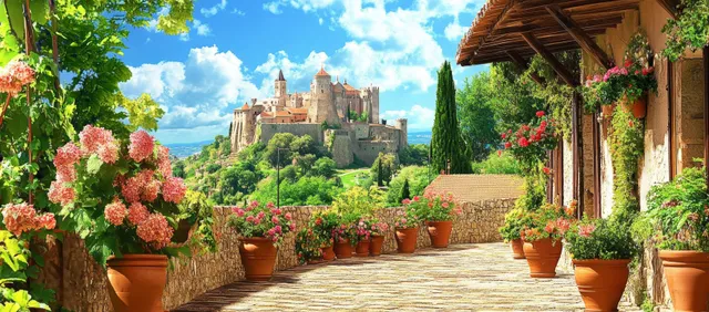Sunny garden path past terracotta pots toward a medieval castle under blue sky