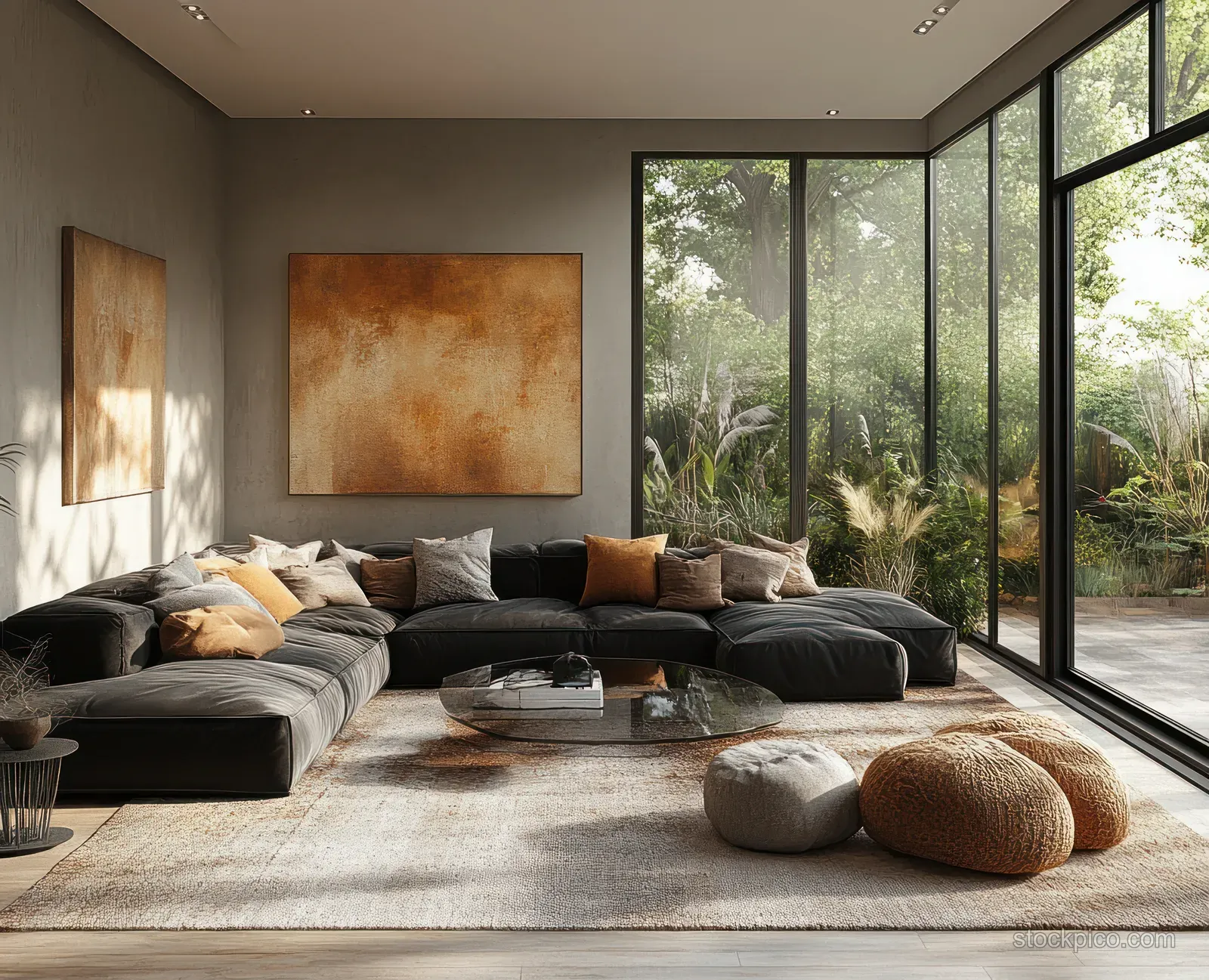 Minimalist living room mockup with blank poster frame, black sectional sofa, glass coffee table, and bright window light.