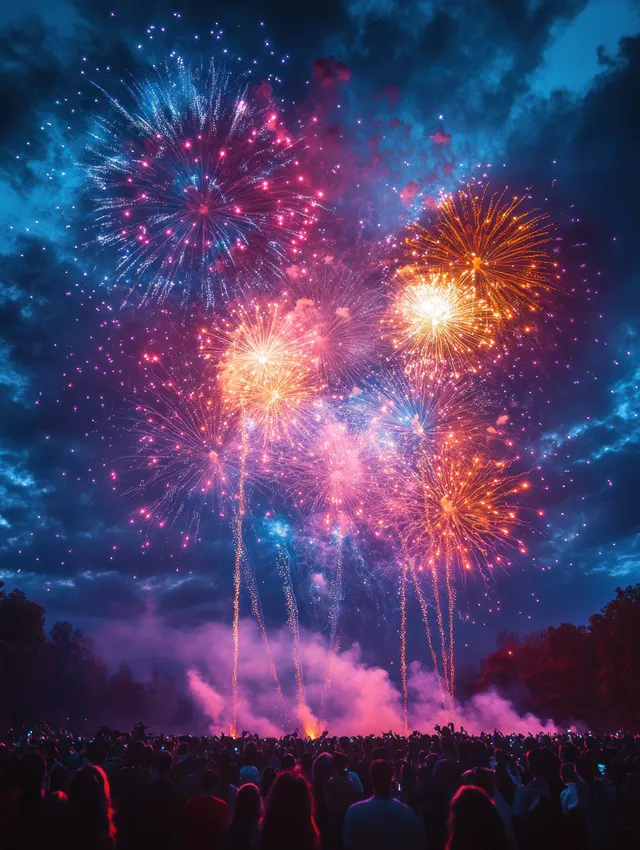 Colorful fireworks burst over a night festival crowd with silhouettes and drifting smoke.