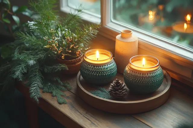 Pine greenery and three lit candles sit on a wooden console table beside a glowing window.