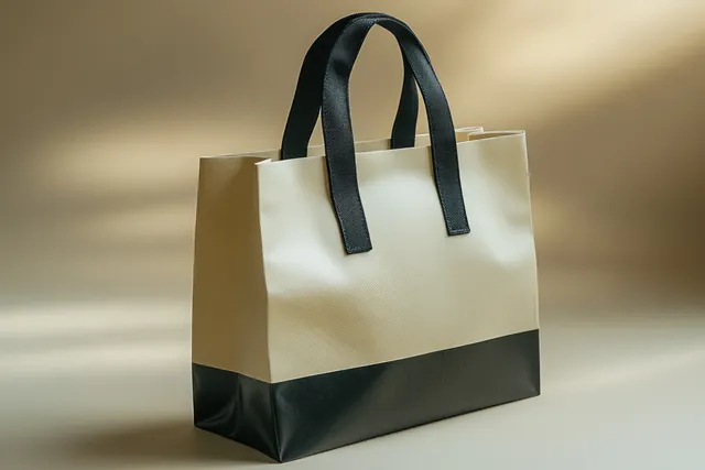 Tall black and white paper shopping bag mockup with dual handles standing on a neutral studio background.