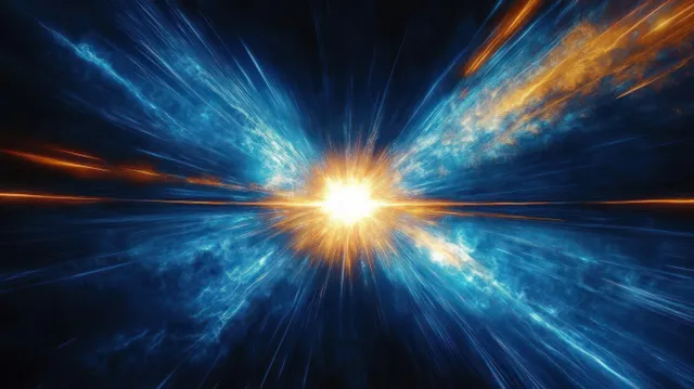 A bright energy core emits blue and orange light streaks radiating outward on a dark background.