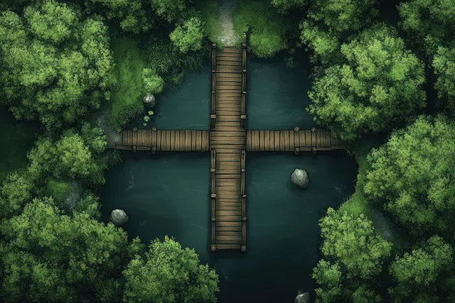 A weathered wooden bridge crosses a calm river amid dense bamboo forest greenery with dark water reflections.