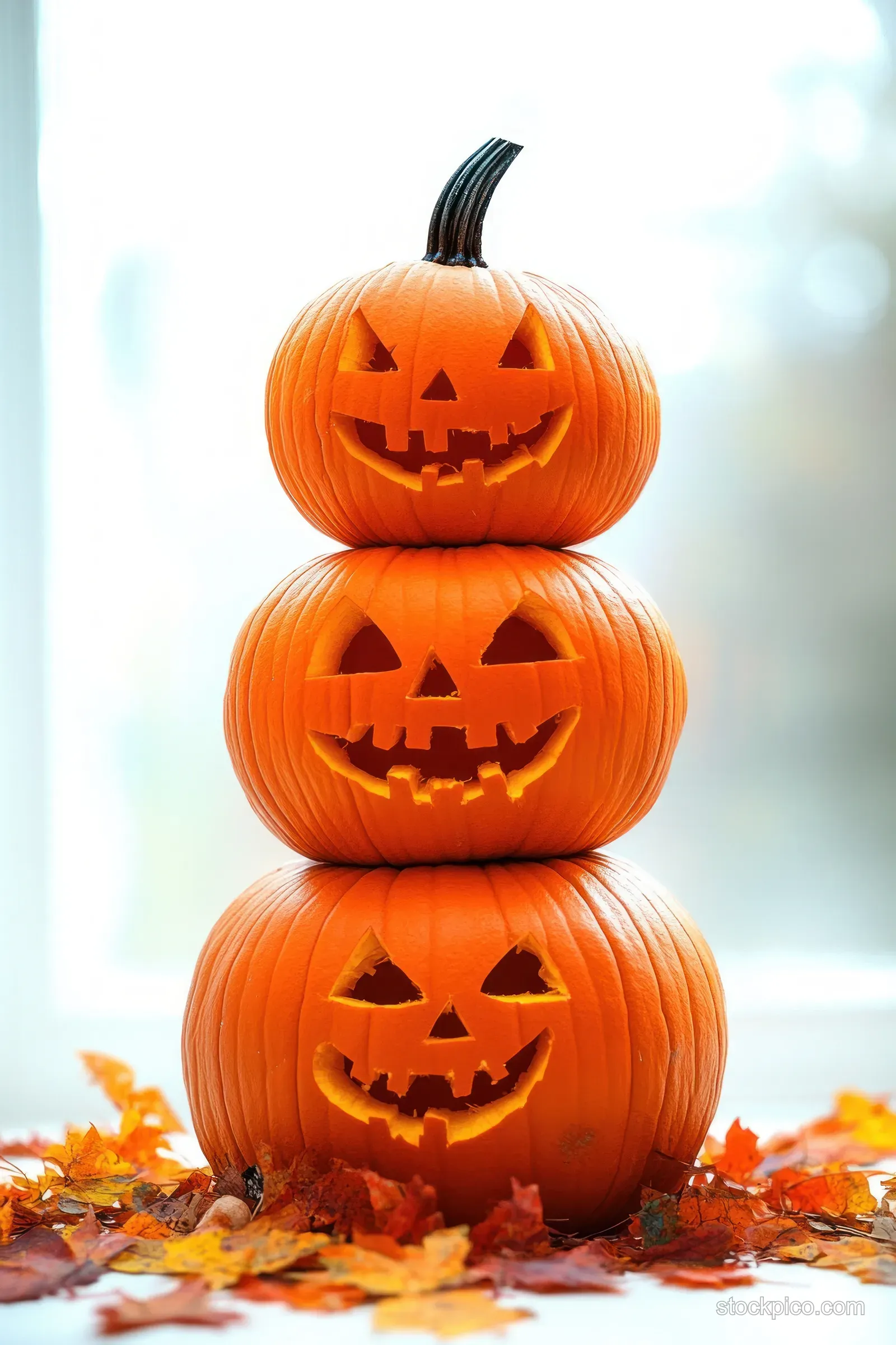 Three stacked carved jack o’ lantern pumpkins with smiling faces surrounded by scattered autumn leaves on a light background.