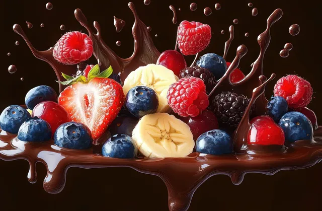 Blueberries, raspberries, strawberries, cherries, blackberries, and banana slices splash into rich dark chocolate.
