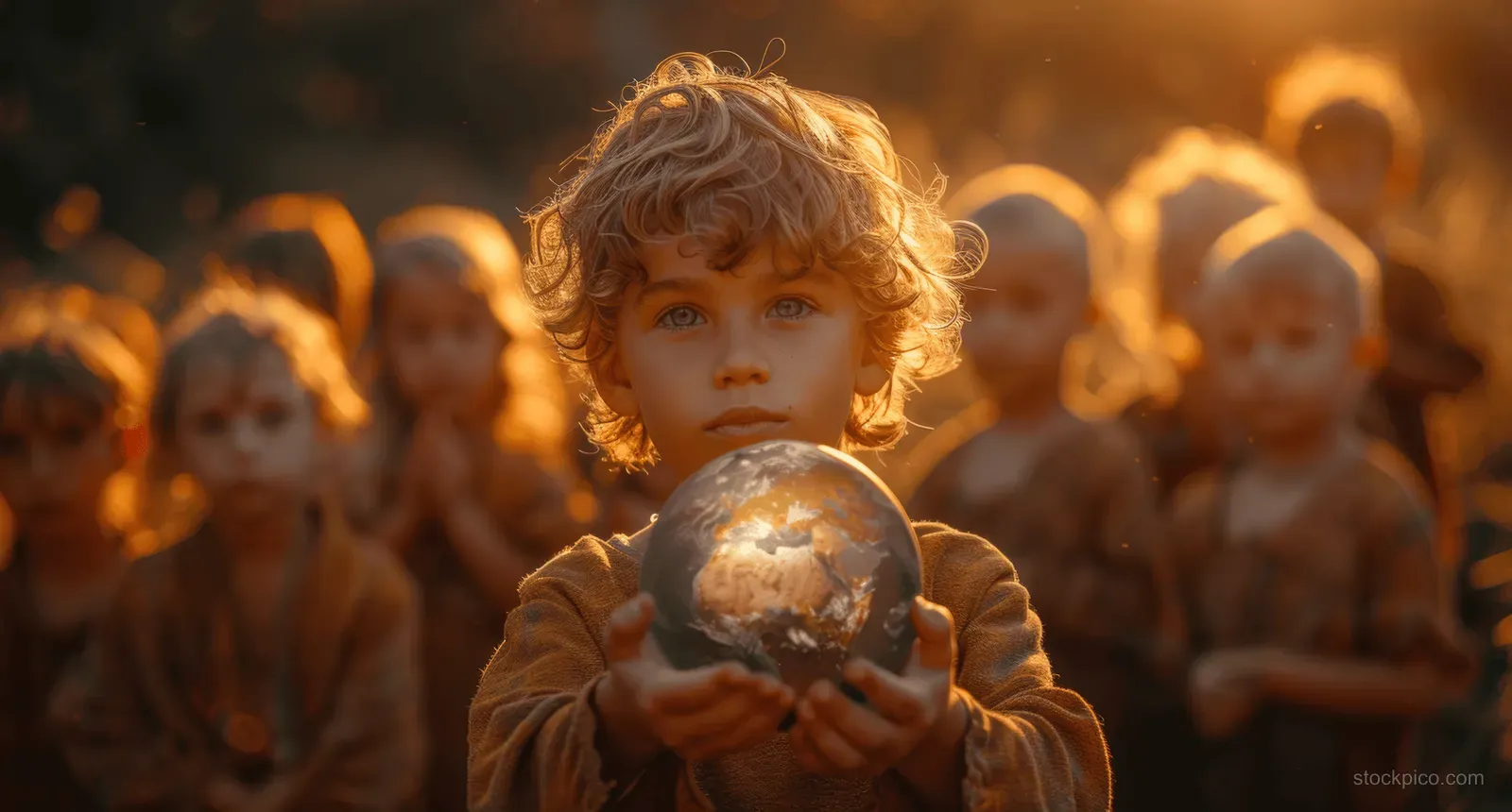 A child holds a small Earth globe at golden hour with a blurred group of people behind.