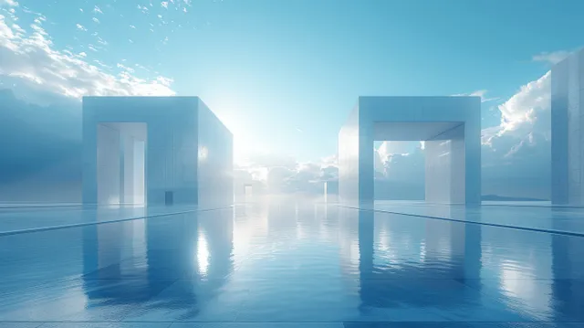 Minimalist futuristic glass corridor leading through concrete steps with crisp reflections