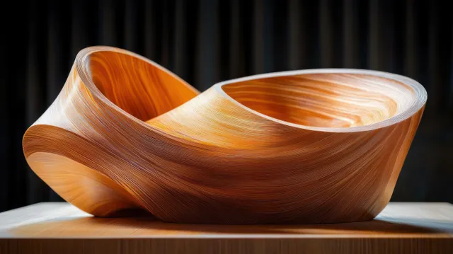 Polished abstract wooden loop sculpture displayed on a light wooden base with a dark blurred studio background.