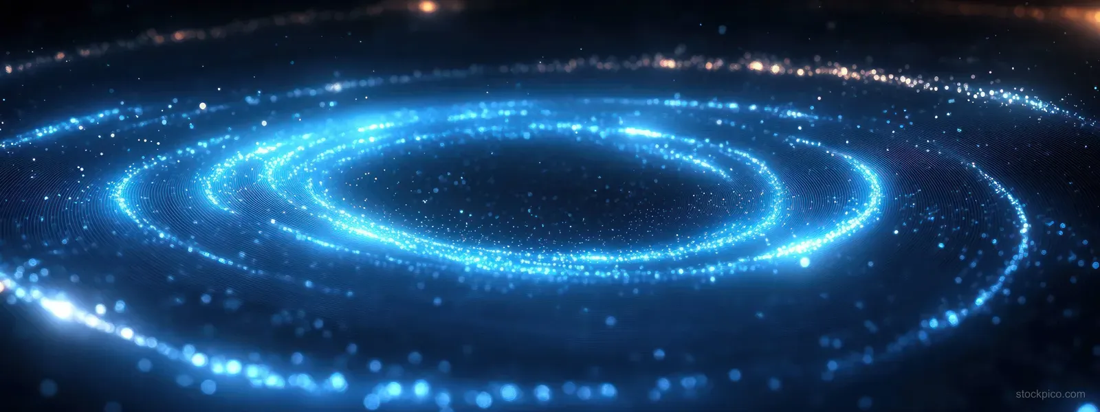 Blue fiber-optic light trails spiral into a glowing ring over a dark digital background with scattered particles.