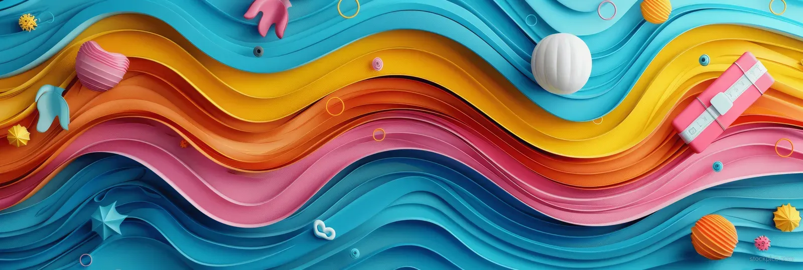 Abstract colorful paper cut waves with small school supply shapes on a bright background.