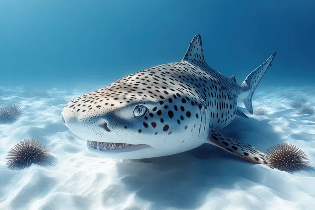 Leopard shark resting on a sandy seabed under blue water beside sea urchins.