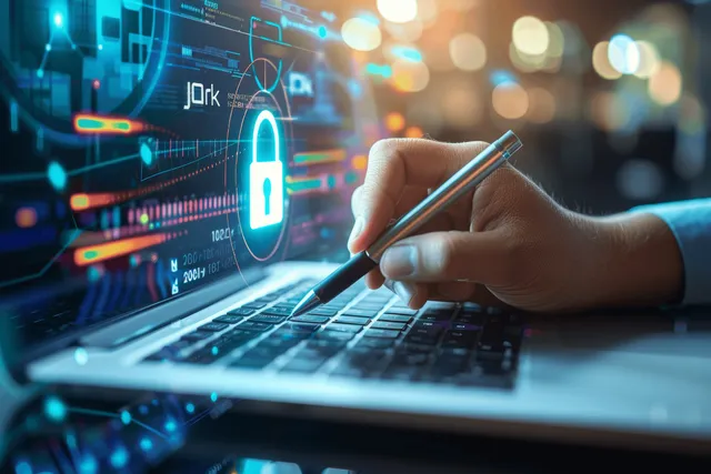 A hand types on a laptop as a glowing padlock and network nodes appear on the screen.