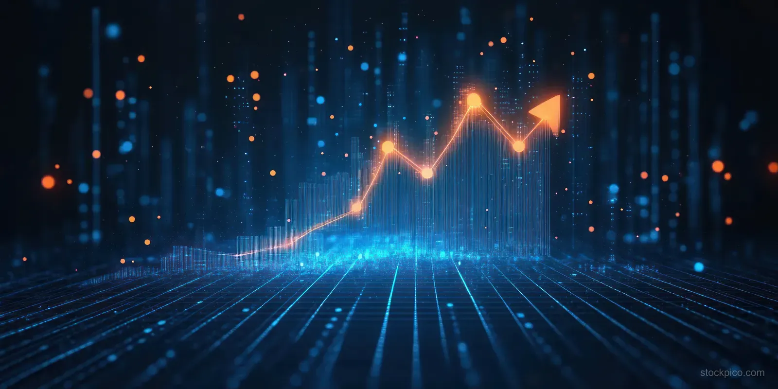Glowing orange upward line chart over a blue digital grid with floating data points in a futuristic analytics scene.