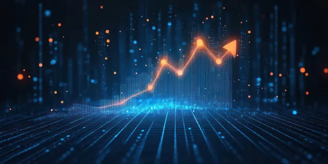 Gráfico de líneas ascendente naranja brillante sobre una cuadrícula digital azul con puntos de datos flotantes en una escena analítica futurista.