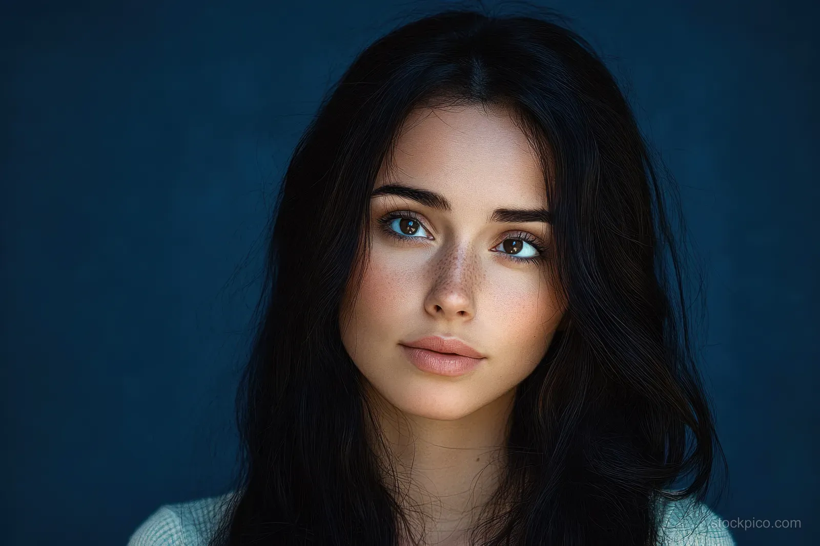 A young woman with long dark hair and light freckles looks thoughtfully ahead in soft light against a dark blue background.