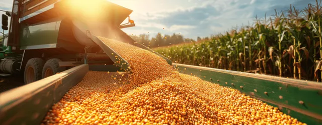 A combine harvester unloads golden maize grain into a truck trailer beside a green cornfield under a blue sky.