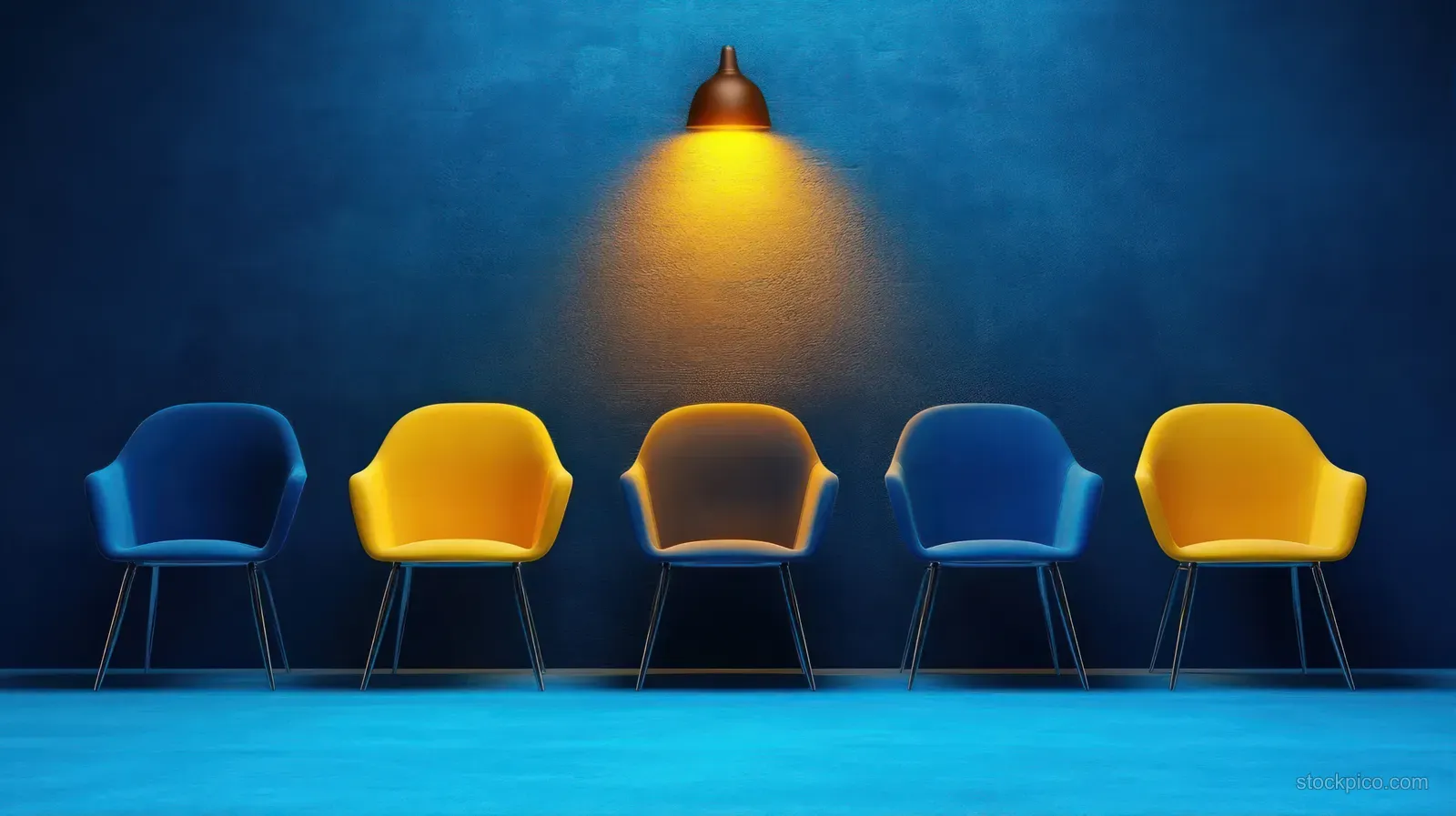 Five modern chairs arranged in a row against a blue wall under a warm yellow hanging lamp.