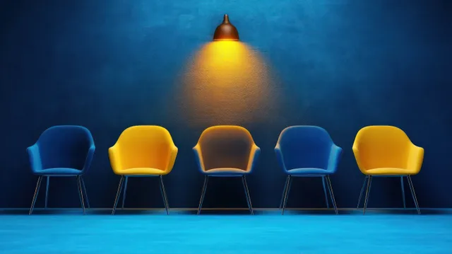 Five modern chairs arranged in a row against a blue wall under a warm yellow hanging lamp.