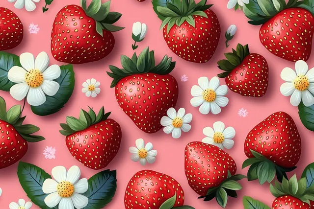 Seamless pattern showing red strawberries with green leaves and white daisies on a pink background.