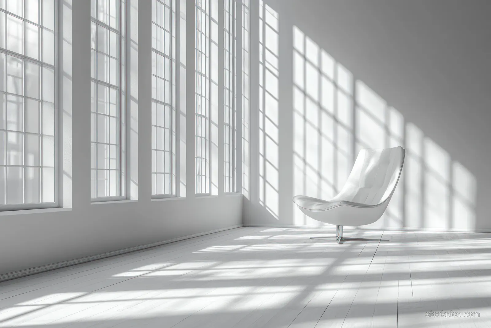 Empty white room with tall windows and sunlight beams illuminating a single white chair.
