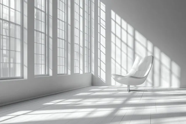 Empty white room with tall windows and sunlight beams illuminating a single white chair.