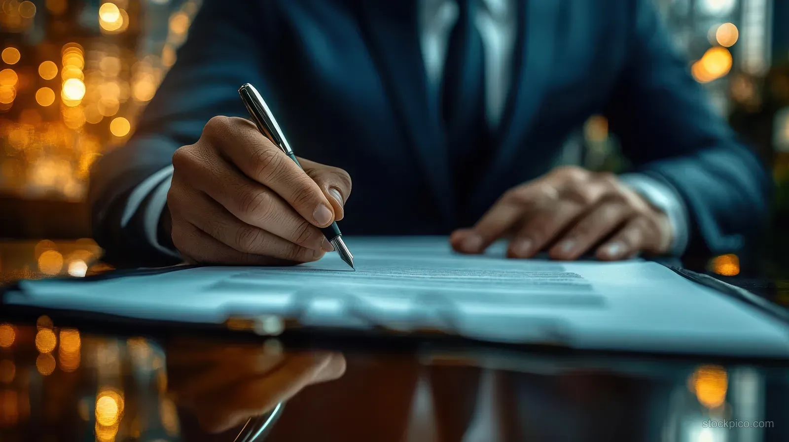A suited hand signs a document with a pen on a desk with warm bokeh lights blurred behind.