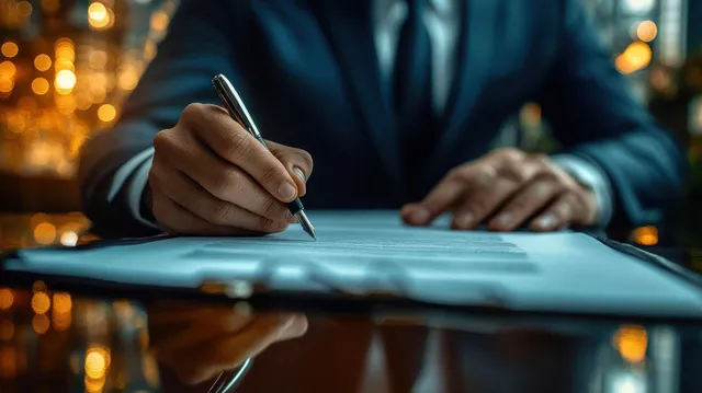 A suited hand signs a document with a pen on a desk with warm bokeh lights blurred behind.