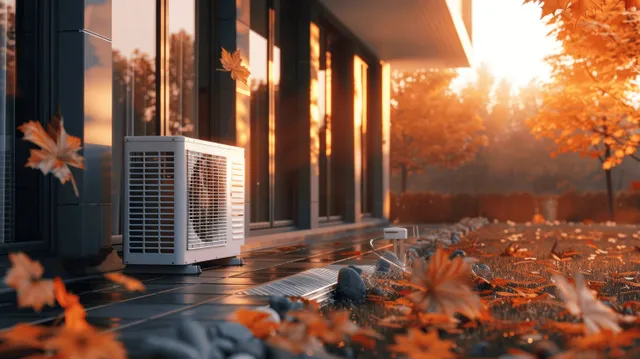 Air source heat pump unit on an autumn terrace with connected pipes and golden hour sunlight.