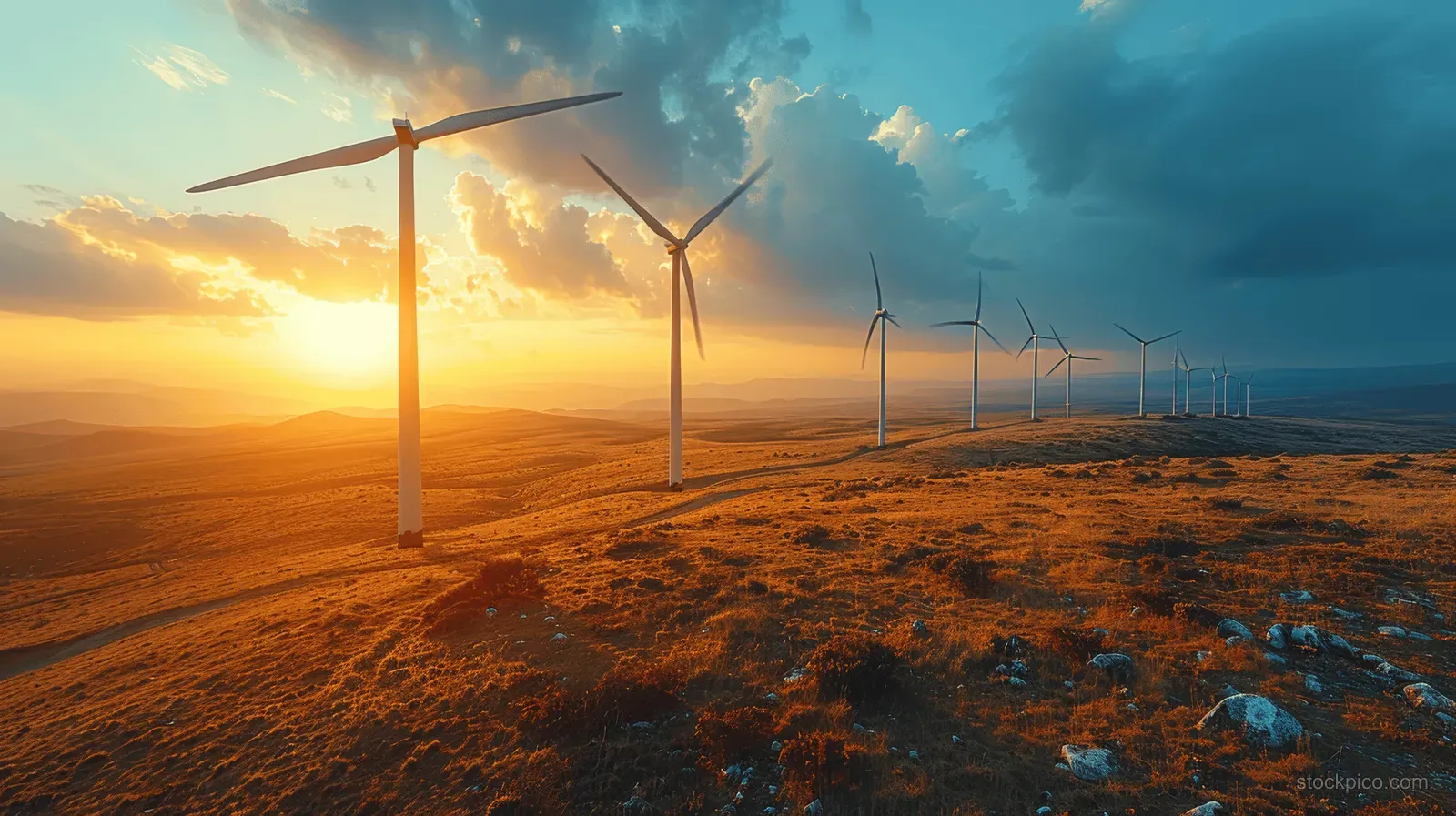 Aerial view of wind turbines rotating across a grassy field at sunset under dramatic clouds.