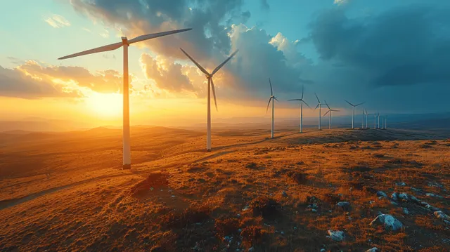 Aerial wind farm at sunset with rotating turbines across a grassy landscape