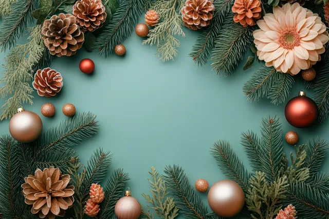 Overhead view of pine branches and pine cones with peach blossoms and gold and red baubles on a teal background.