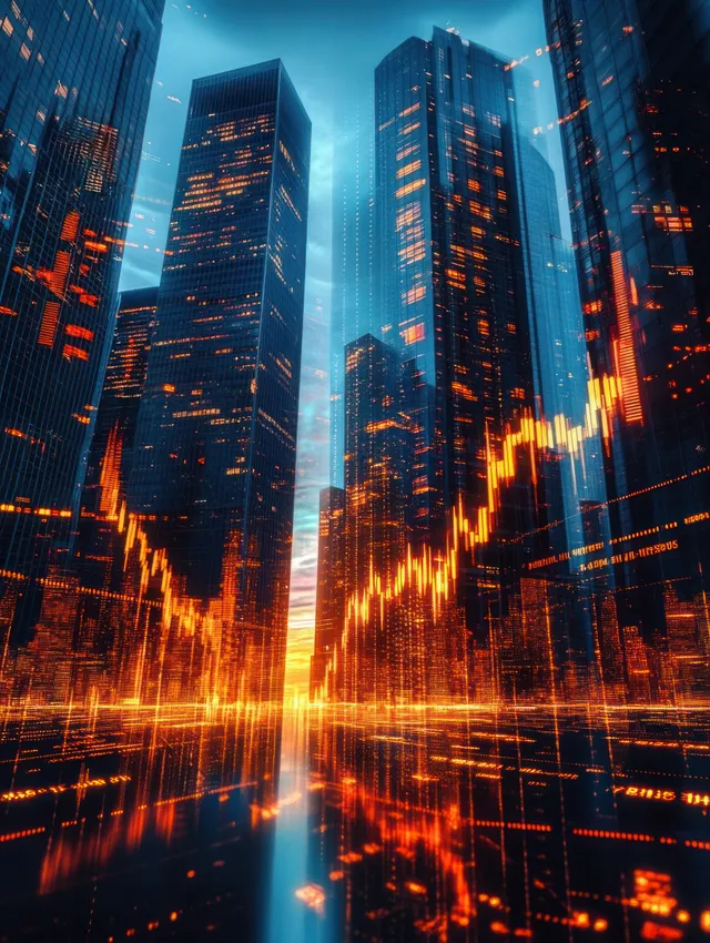 Futuristic glass skyscrapers reflecting glowing financial graphs and data streams at sunset