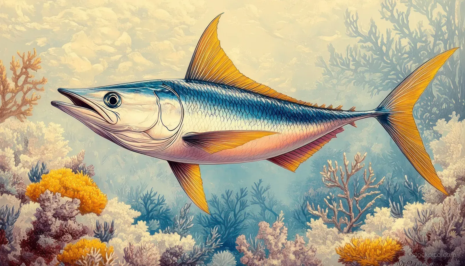 Two colorful reef fish swim above coral and underwater sea plants in sunlit ocean water.