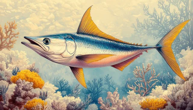 Two colorful reef fish swim above coral and underwater sea plants in sunlit ocean water.