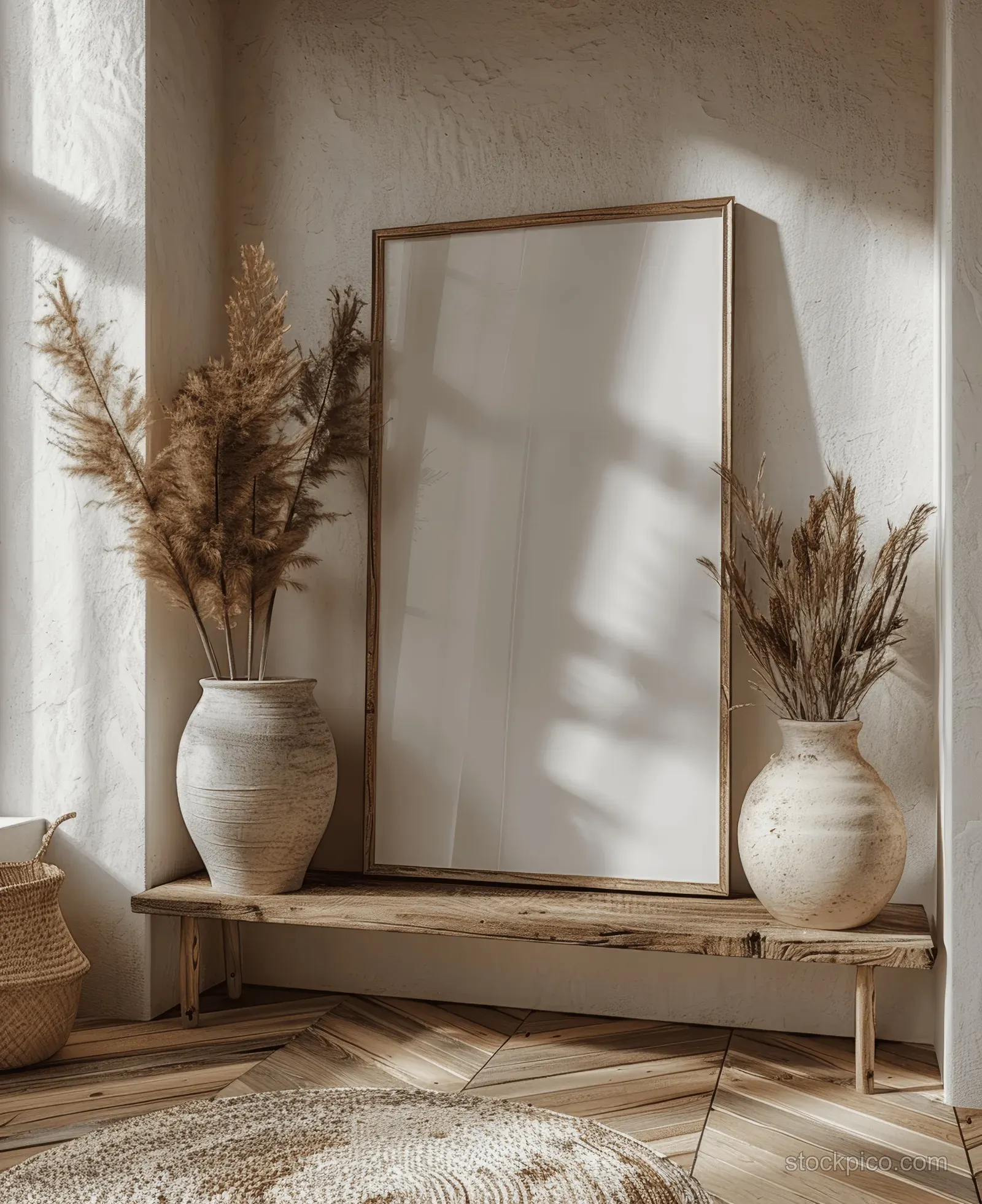 Empty wooden picture frame on a rustic shelf with pampas grass vases in a minimalist beige interior.