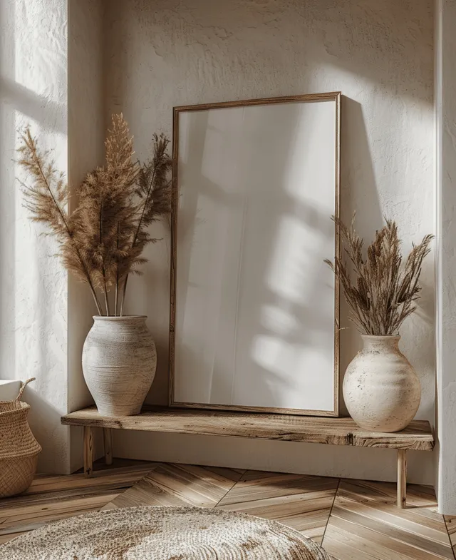 Minimalist boho interior scene with empty wooden picture frame, pampas grass, neutral light