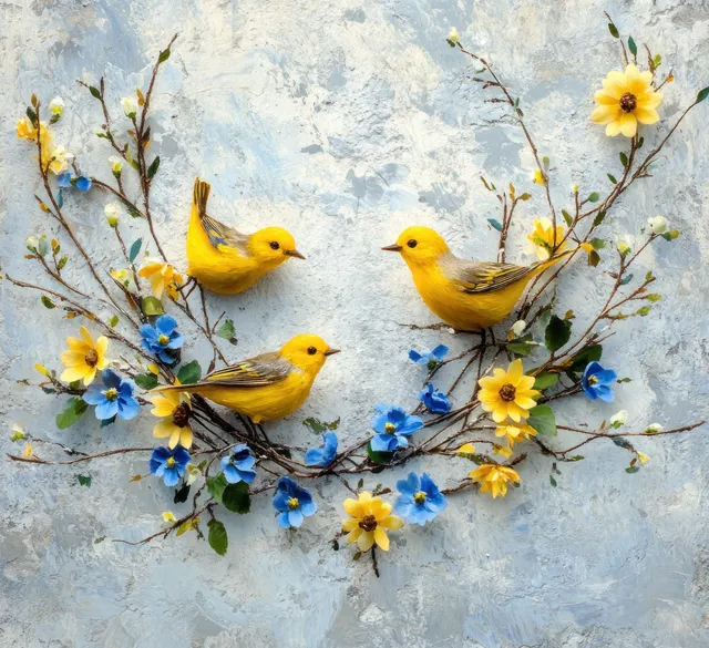 Three yellow songbirds perch among spring twigs and blue and yellow flowers on a textured sky-blue background.