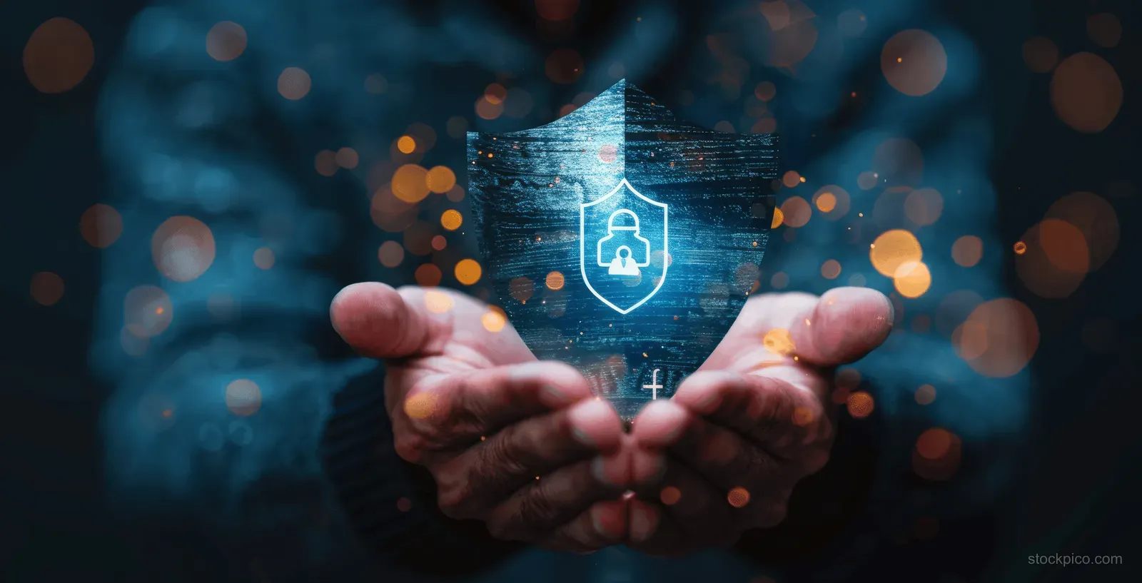 Businessman’s hands present a glowing shield icon representing insurance protection against health and property risks.