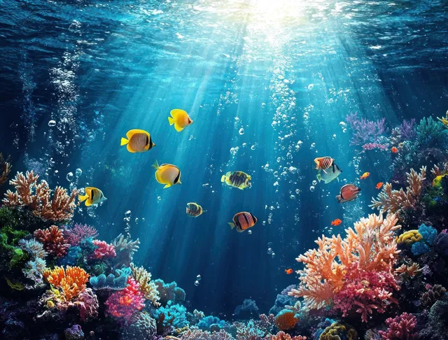 Sunlit coral reef with colorful fish swimming through blue underwater water rays