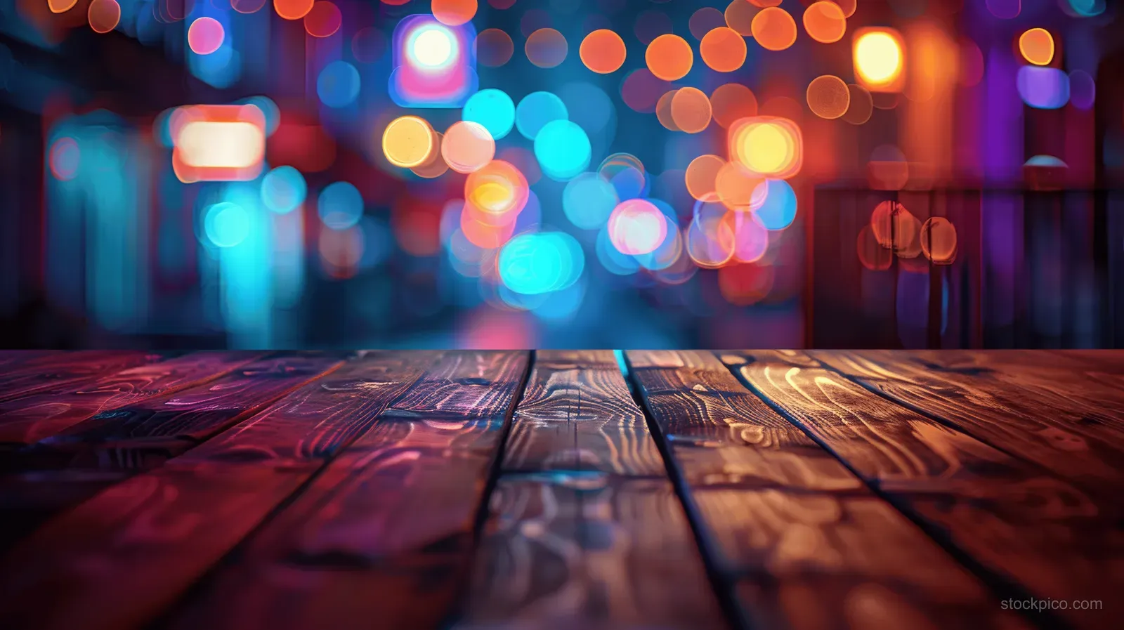 Wooden tabletop with colorful blurred neon lights in a dark nightclub background.