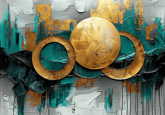 Gold and teal abstract circles emerging from textured paint splashes on white wall