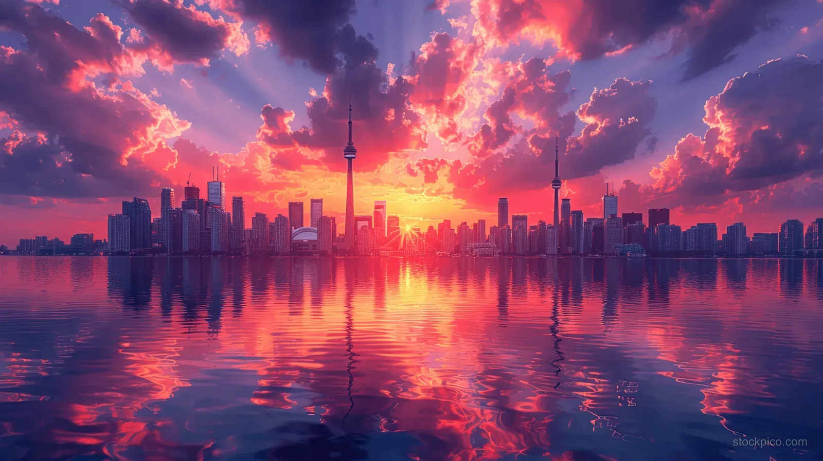 Toronto skyline at sunset reflected in Lake Ontario under glowing pink and orange clouds.