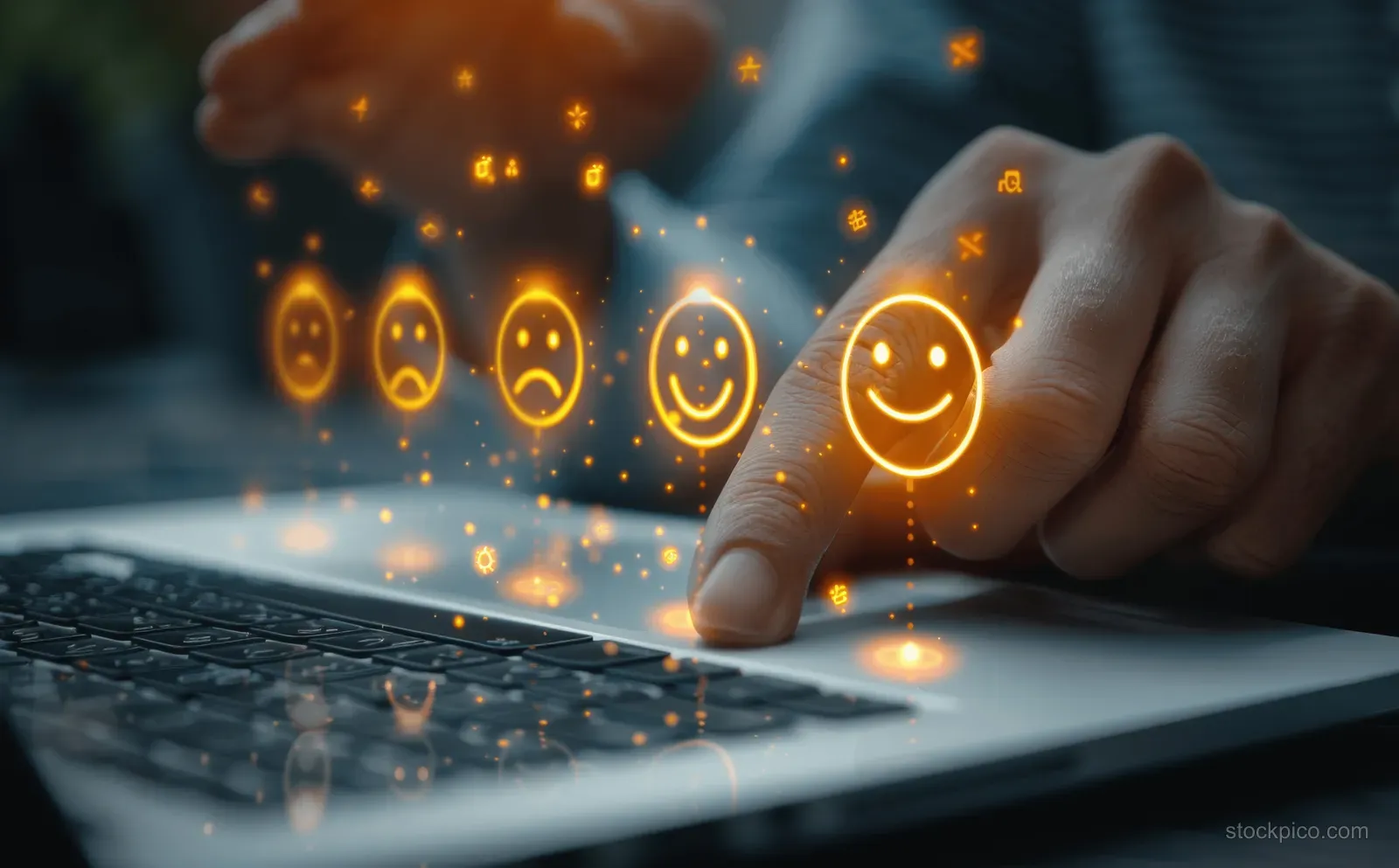 A hand types on a laptop with floating star and smile rating icons for customer satisfaction feedback.