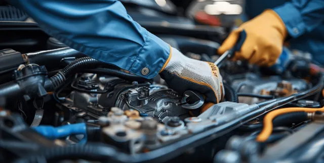 Gloved mechanic hands tighten engine components under an open car hood in a garage.