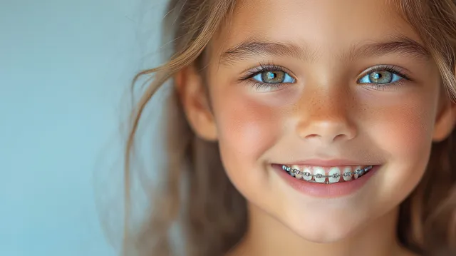 Joven sonriente con brackets, ojos azules y pecas en un retrato en primer plano sobre un fondo azul suave.