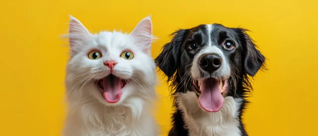 White fluffy cat and black-and-white dog sit side by side with tongues out against a bright yellow background.