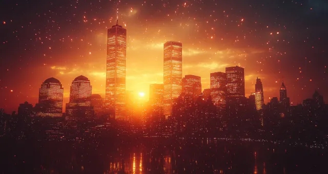 Twin tower silhouettes at sunset with an American flag, city skyline lights, and sunlit reflections on water.